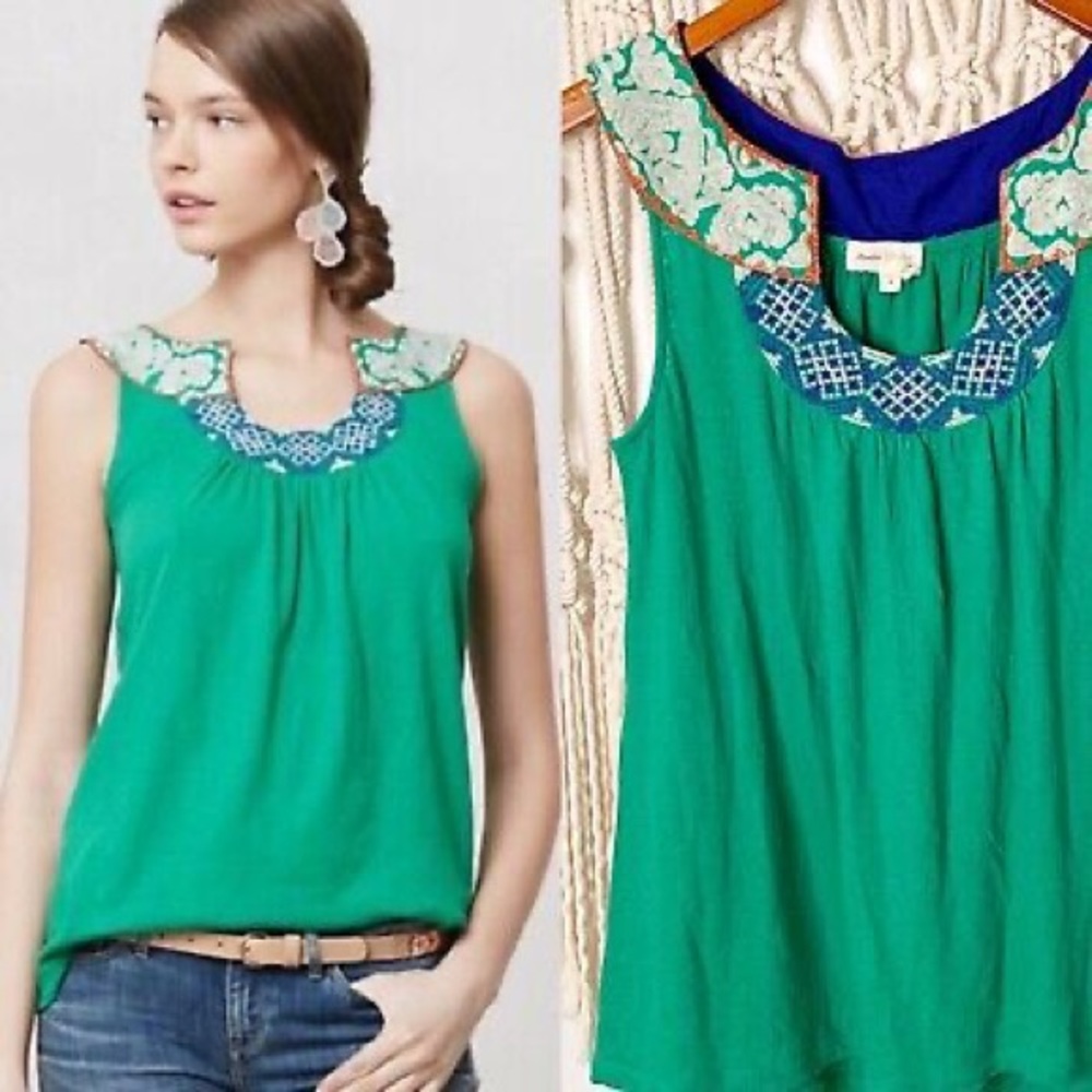 Anthropologie Meadow Rue Athena Green Sleeveless Top with Embroidery
